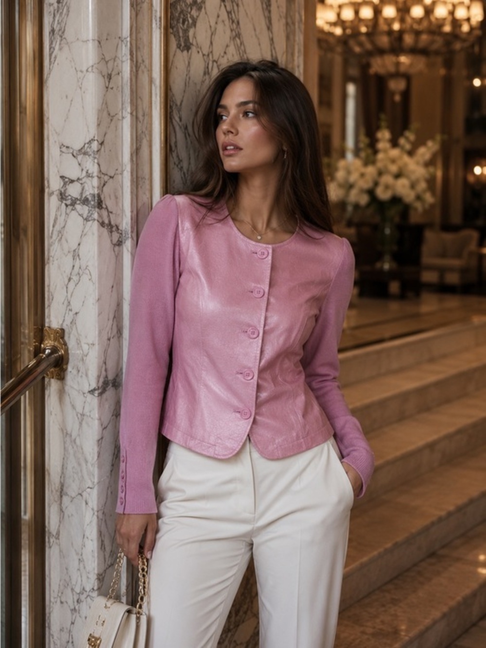 AD Originals Metallic Pink Leather Front Knit Sleeve Jacket Large Barbiecore Y2K